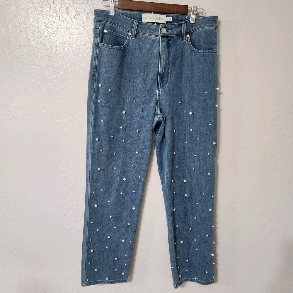 Soft Surroundings Pearl Embellished Light/Medium Wash Denim Jeans Women's 12